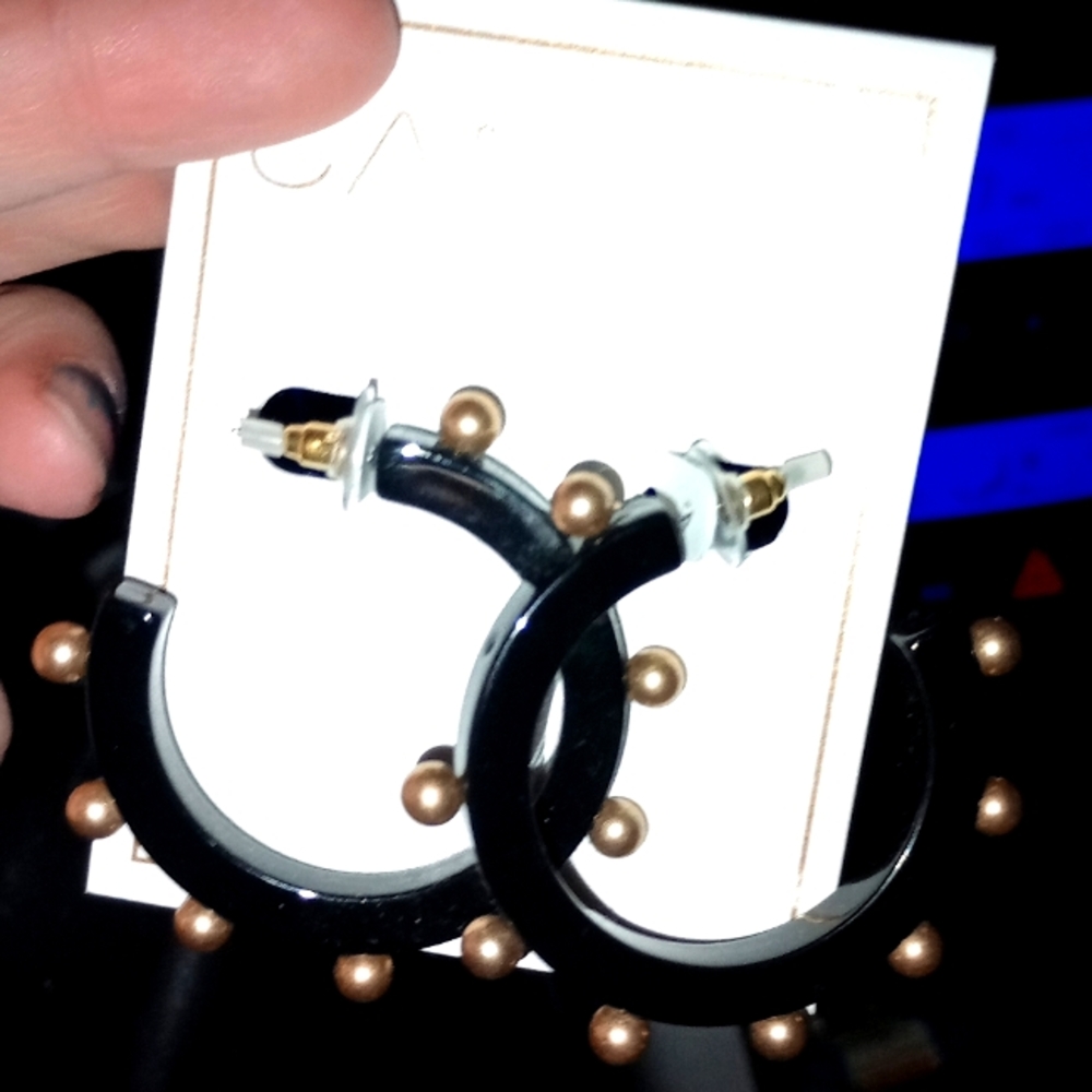 New Black Open Hoops With Gold Toned Studs